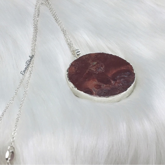 New 925 Sterling Silver Red Mexican Happy Lace Agate Slice Pendant Necklace - Picture 10 of 13